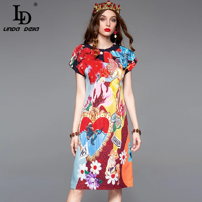 

LD LINDA DELLA 2019 Fashion Runway Summer Dress Women's Short Sleeve Vintage Appliques Printed Holiday Slim Midi Elegant Dress