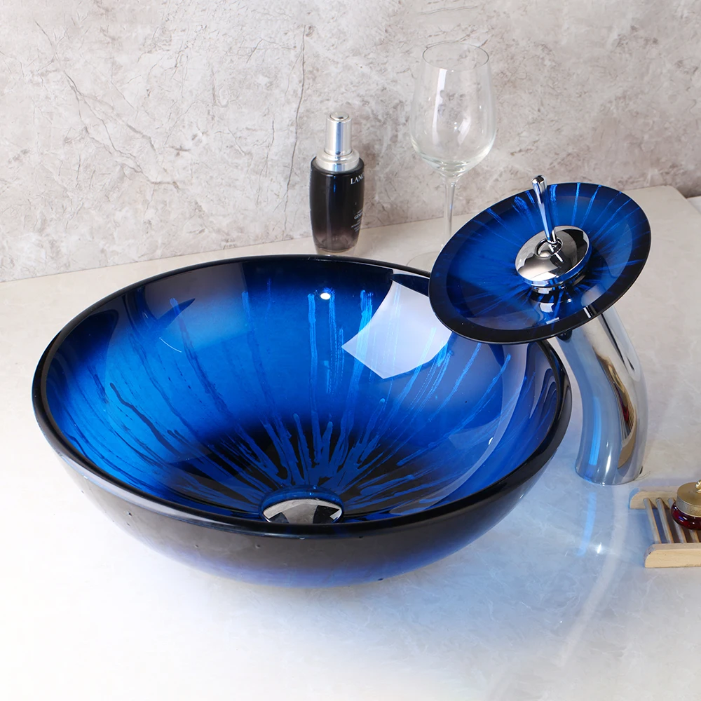 KEMAIDI полоса синий ванная раковина прозрачный закаленное стекло сосуд Раковина с водопадом кран умывальник набор круглый умывальник - Цвет: Basin faucet set