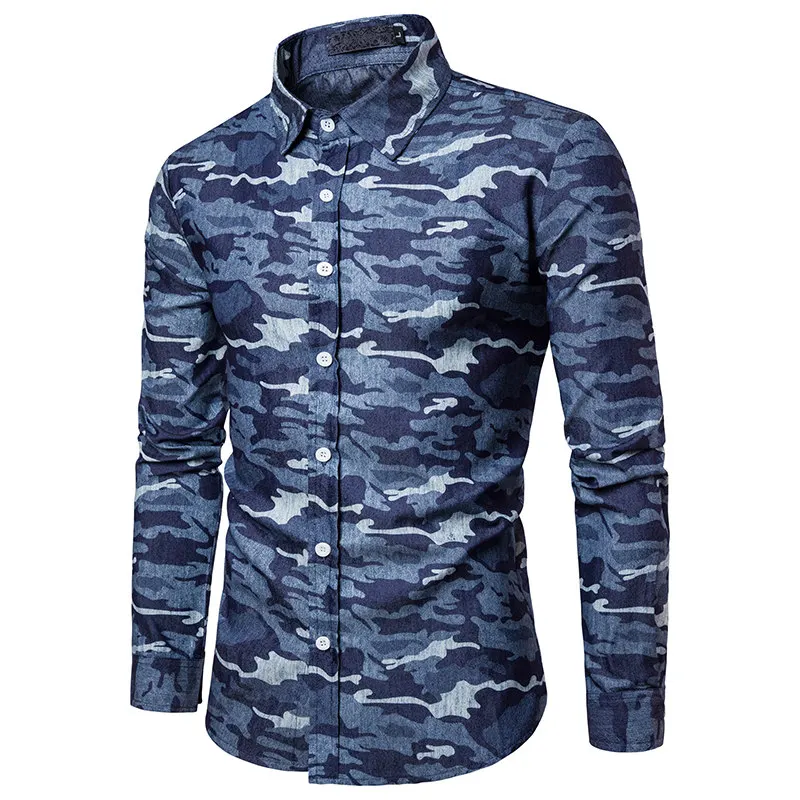 Камуфляжные повседневные мужские рубашки с длинным рукавом, с отворотом, с воротником, Армейский Камуфляж, на пуговицах, Camisas Masculina, рубашка для мужчин, темно-синий, осень, J0141 - Цвет: dark blue