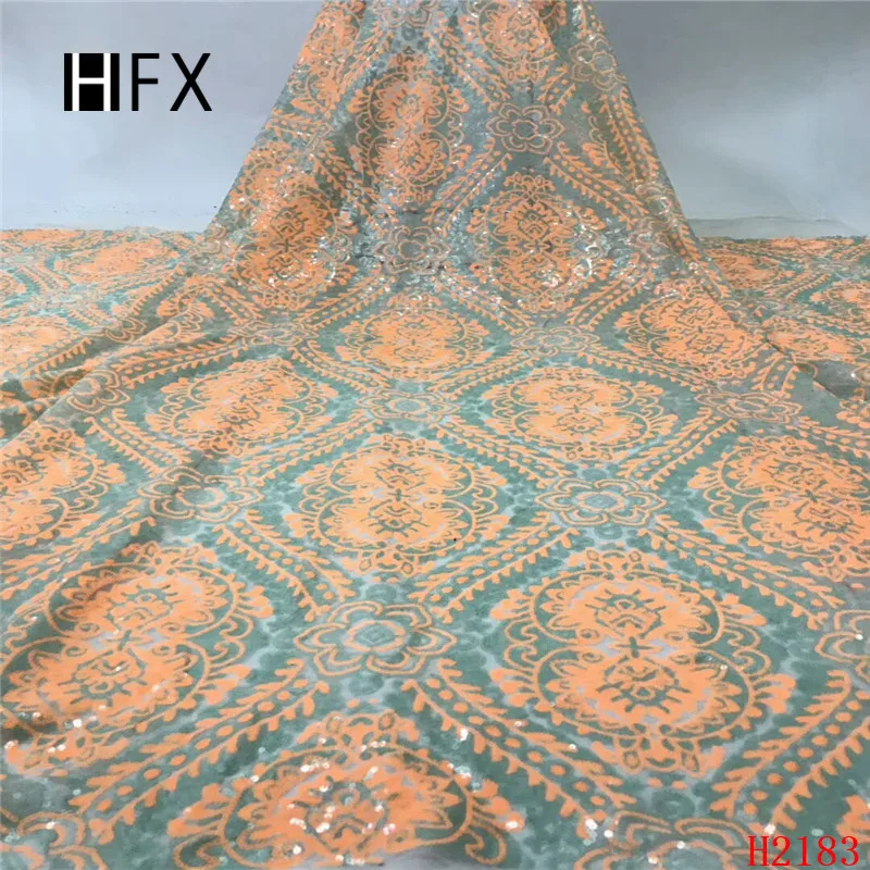 

HFX 2019 Latest African Lace fabric orange African Nigerian sequins Wedding Lace New French Tulle Net Lace free shipping H2184