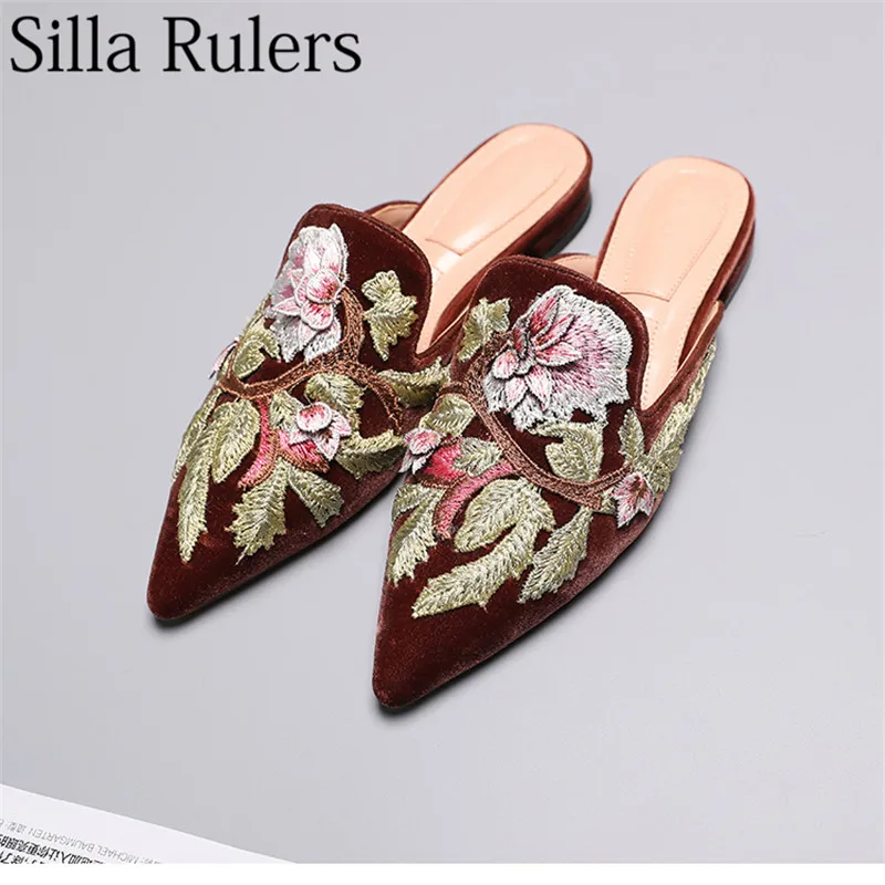 

Silla Rulers Sexy Ladies Pointed Toe Embroider Slippers Outside Closed Toe Flat With Heels Women Half Slippers Women Mules Woman