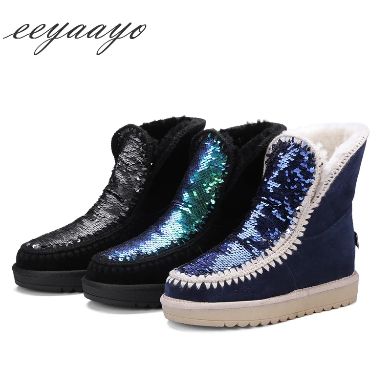 Neige blue Vache Fourrure Laine Doublure D'hiver black En 2019 Véritable Chaussures Vert Réel De Bottes Green Daim Appartements Bling Femmes Cheville Talon Nouveau Cuir aBwRqA