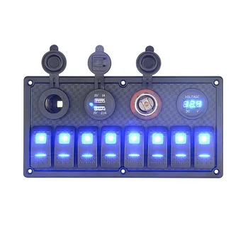 

12V-24V 8Gang On-Off Switch Panel Blue LED Rocker Cigarette Lighter Marine Circuit Breaker for Car Caravan Marine Boat RV Car Ac