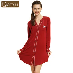 Qianxiu Весенняя Модальная хлопковая одежда для сна для женщин, плюс размер, сексуальная v-образная Пижама с бантом, женский кардиган с длинными рукавами, одежда для сна - Цвет: WOMEN RED