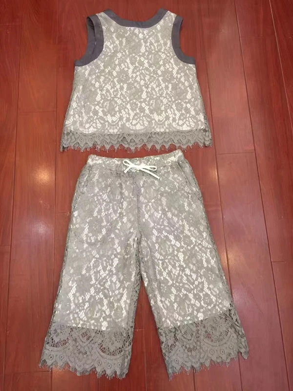 2017 primavera e verão novas mulheres nó de volta camisa sem mangas + calças retas rendas terno 618