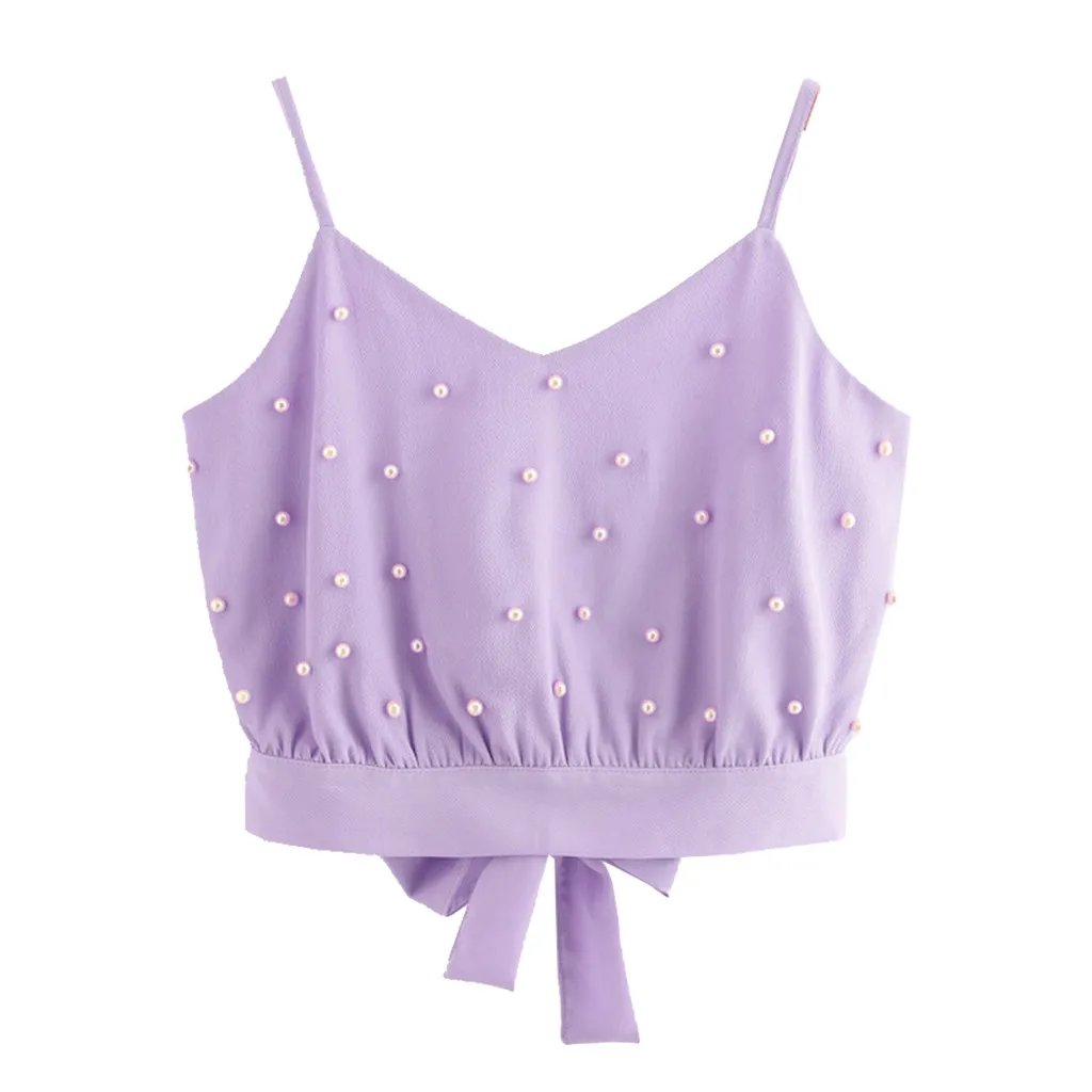 Fashion Womens Sexy Summer Vest Chiffon Camisole Sleeveless Tops Solid Pearl Beading Camis Camis Cami Tank Top For Lady Girl