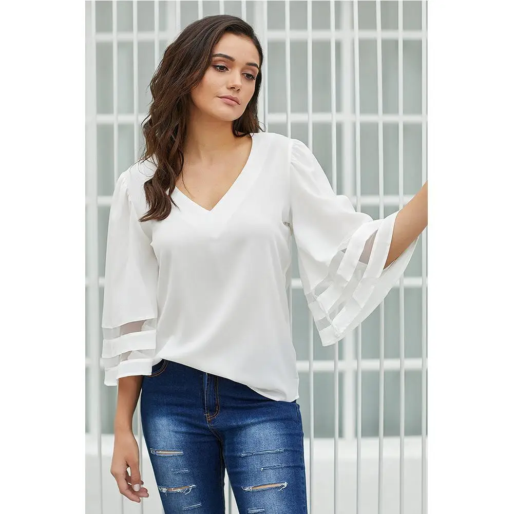 

Yfashion Summer Women Fashion Loose V-neck Mesh Splice Three Quarter Bat Sleeve Tops