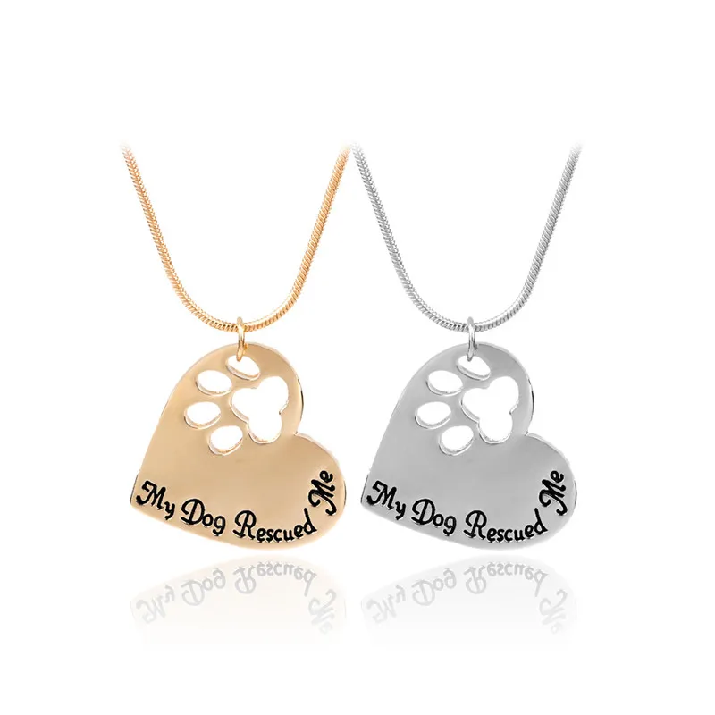 “My Dog Rescued Me” Hollow Pet Footprint Necklaces Gold/Silver Chain Heart Pendant Cat Puppy Memento 2017 Pet Lover Necklaces