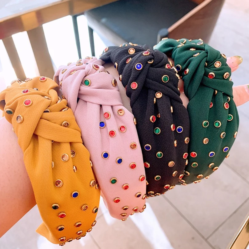 

AWAYTR New Bohemian Fabric Knot Wide Hairband for Women Girls Handmade Headband Female Summer Color Rhinestone Hair Accessories