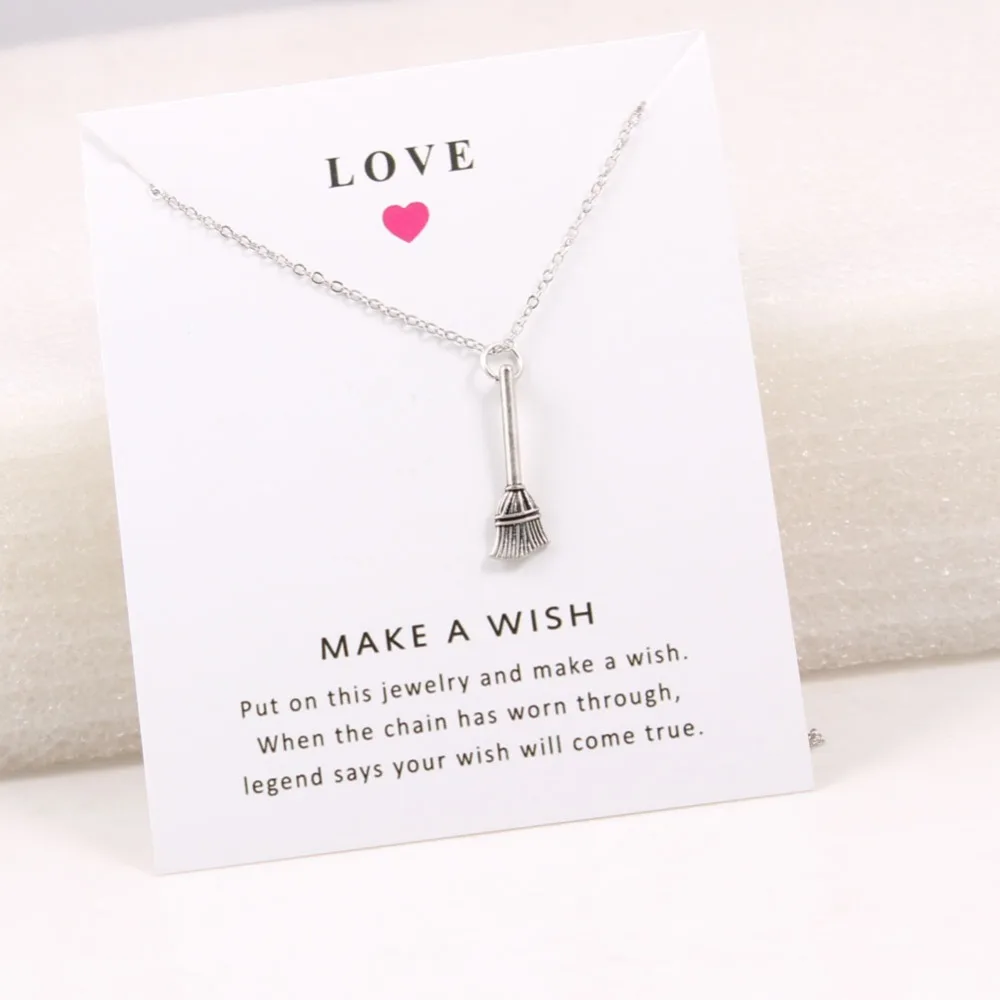 

Simple Witch Pendant Short Chain Choker Necklace For Women Silver Wish Necklace With Card Jewelry As Gift