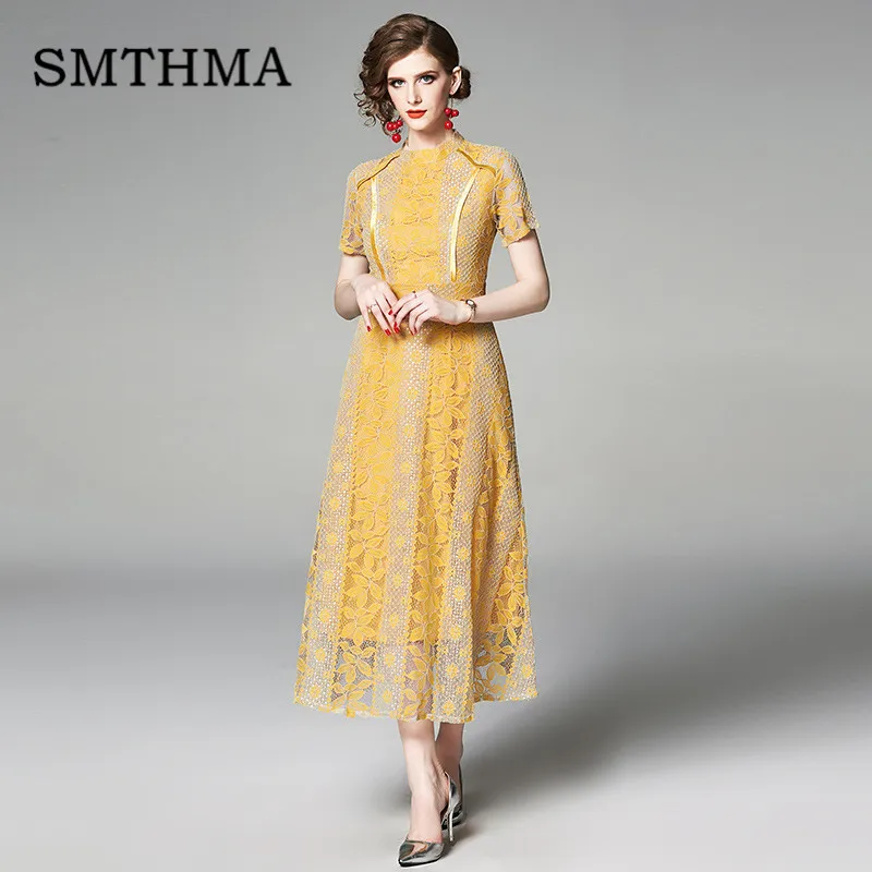 

SMTHMA 2019 Summer Hollow Out Women Dresses Hot Sale Fashion Short sleeve Lace Dress Big Swing Elegant Party Dresses Vestidos