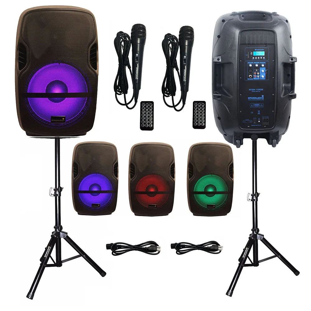 2pcs 2000w 15inch ktv dj pa powered disco stage party dj pa speakers with cables speaker stands wire mic