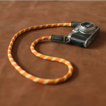 

Camera neck strap handmade orange pattern 10mm climbing rope black leather from Windmup