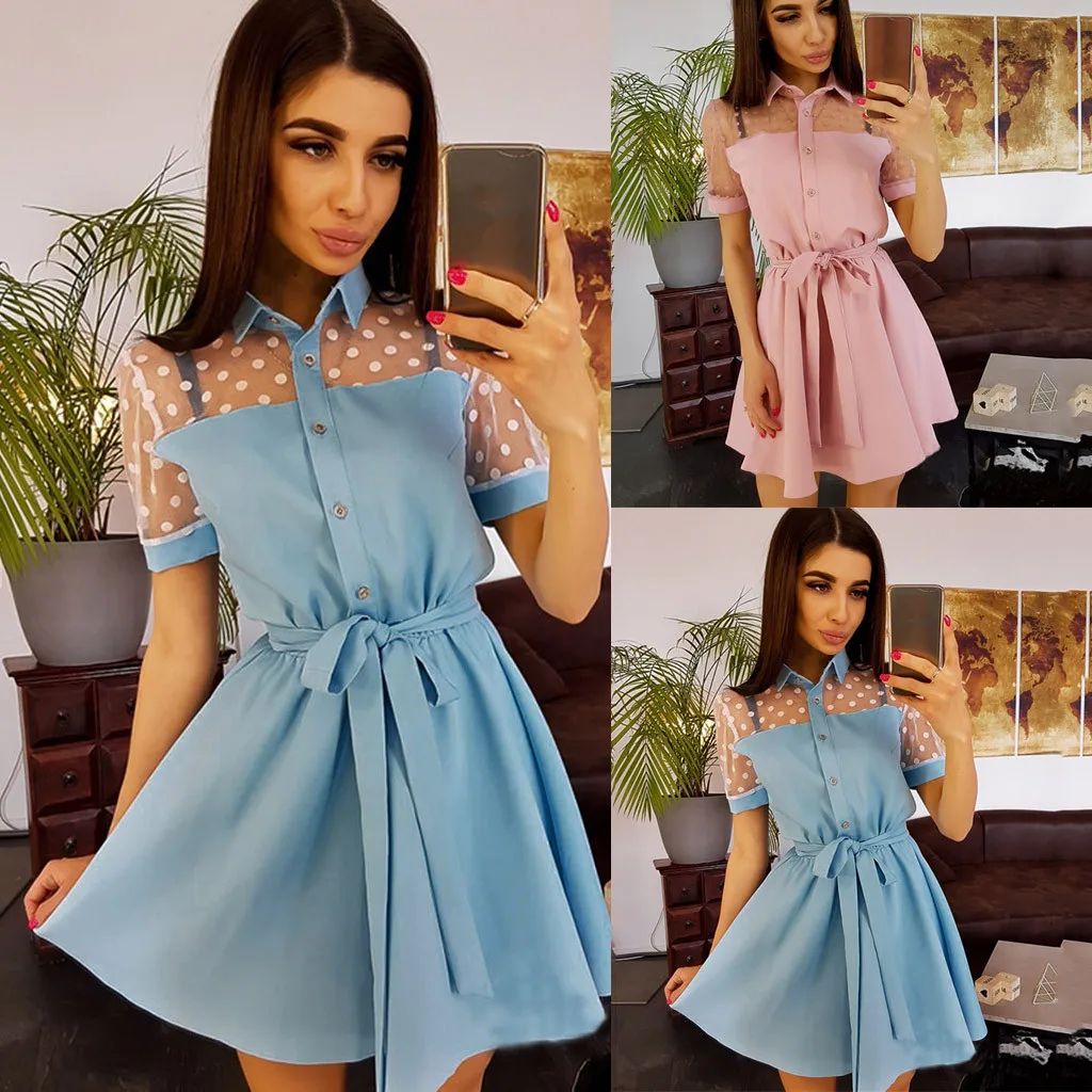 

Vintage Boho Women Summer Short Sleeve Dot Patchwork Lace Mini Dress