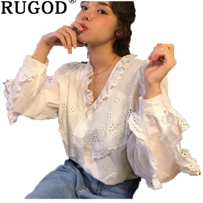 

RUGOD Elegant Office lady shirts Fashion V neck ruffle butterfuy sleeve white women blouse Vintage Casual hollow out tops blouse