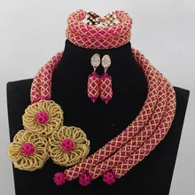 Gorgeous Pink African Beads Jewelry Set Fuchsia Gold Nigerian Wedding Bridal Beads Jewelry Set More Colors Free Shipping WD726