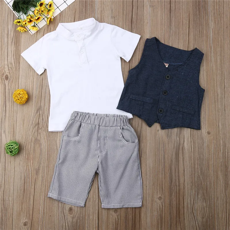 

2-7Y Kids Boy Gentleman Outfits Summer Short Sleeve T-Shirts+Vest+Striped Shorts 3Pcs Boys Clothes Birthday Baptism Party Sets