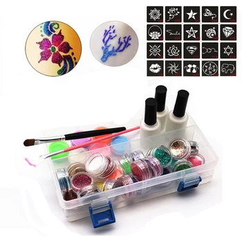 

1 Set 24 Colors Glitter Powder Pigment Body Tattoo Paint Set Temporary Decal Fancy Women DIY Art Henna Stencil + Brush+ Glue Kit
