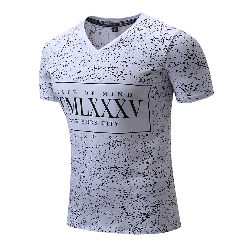 FREDD MARSHALL Brand Men T-shirts 2018 New Men\'s Cotton V Neck Short Sleeve Words Polka Dot Print Fashion Tee Shirt Tops Clothing  (7)