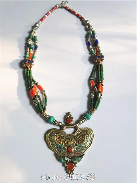 TNL198 Master Design Nepal Indian brass inlaid Stone coral pendant necklace Multi Statements Big Pendants BOHO Necklace