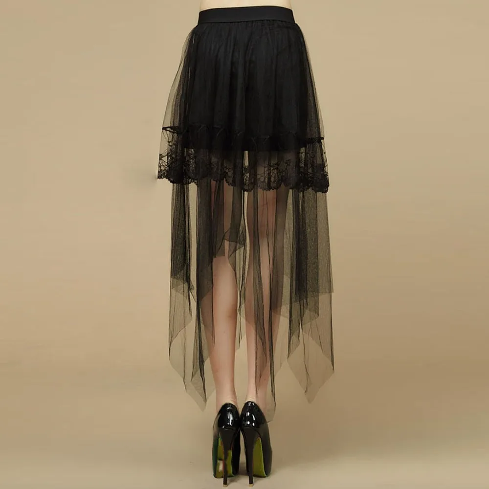 

Gothic Mesh Lace Skirt Asymmetrical Women Autumn 2018 Elastic Waist Pleated Solid High Street Fashion Hot Sale Black Long Skirts