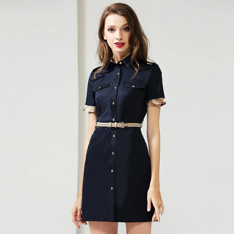 

2019 Turndown Shirt Dress Women Soild Fashion Pocket Sashes Casual Slim temperament waist Dresses Vestidos Summer New Knee-Lengt