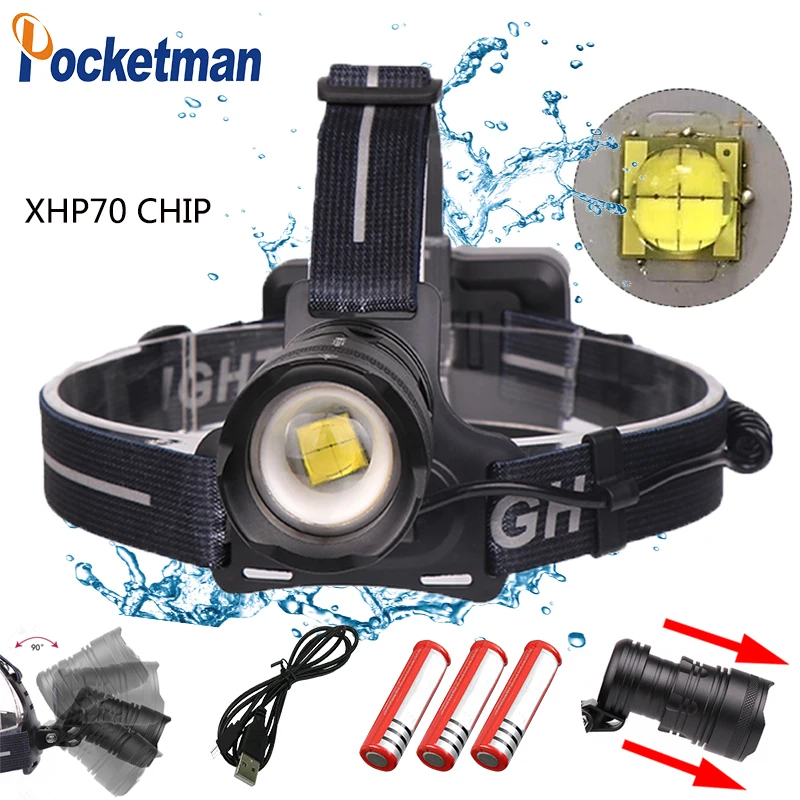 

2019 New Super Bright Led Headlight XHP70 Waterproof Zoomable with Micro USB Charging 3 Modes for 3*18650 z45