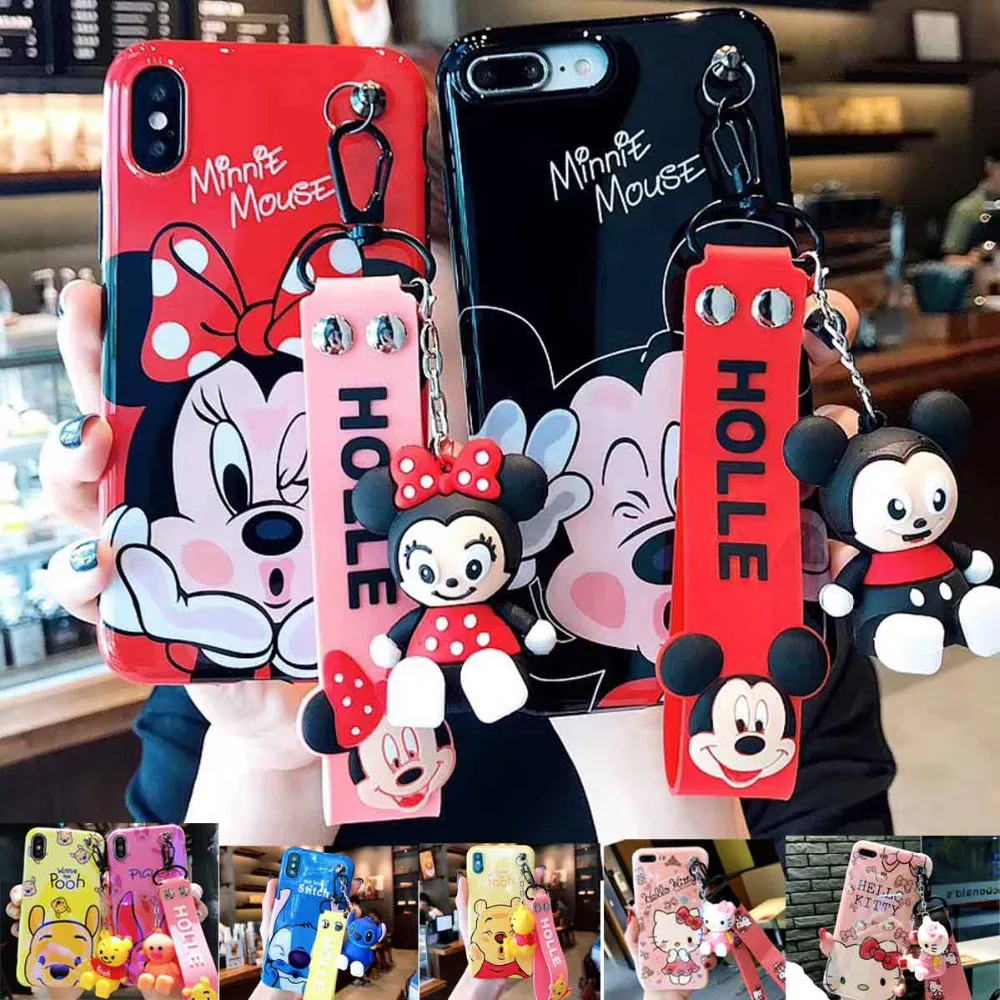 

Cute Stitch Pooh Pig Mickey Minnie Mouse Hello kitty Phone Cases For iphone 6 6s 7 8 Plus XS MAX XR X Cartoon Case+ toy +Strap