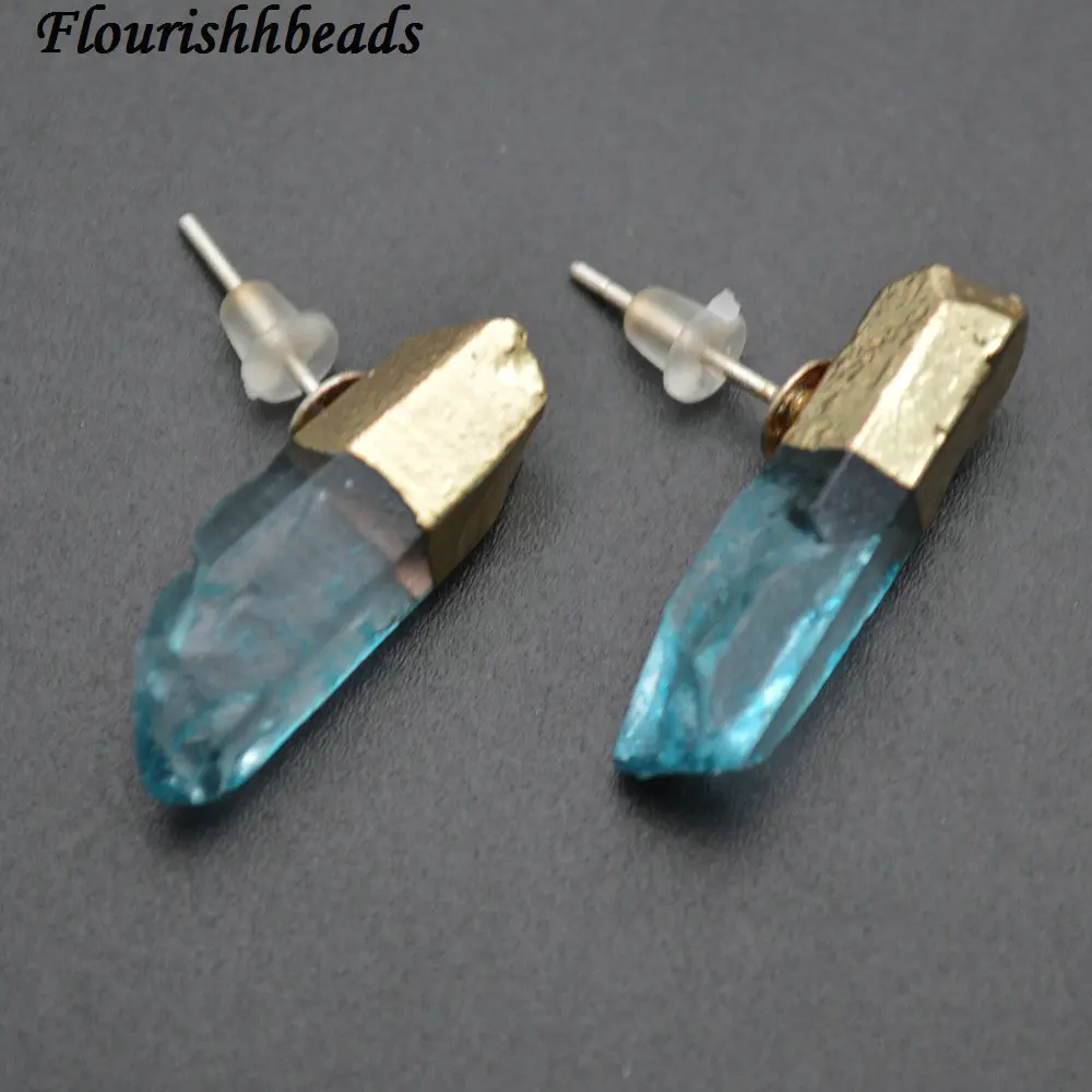 

1pair Blue Color Natural Crystal Quartz Point Stone Earrings Fashion Woman Party Jewelrys