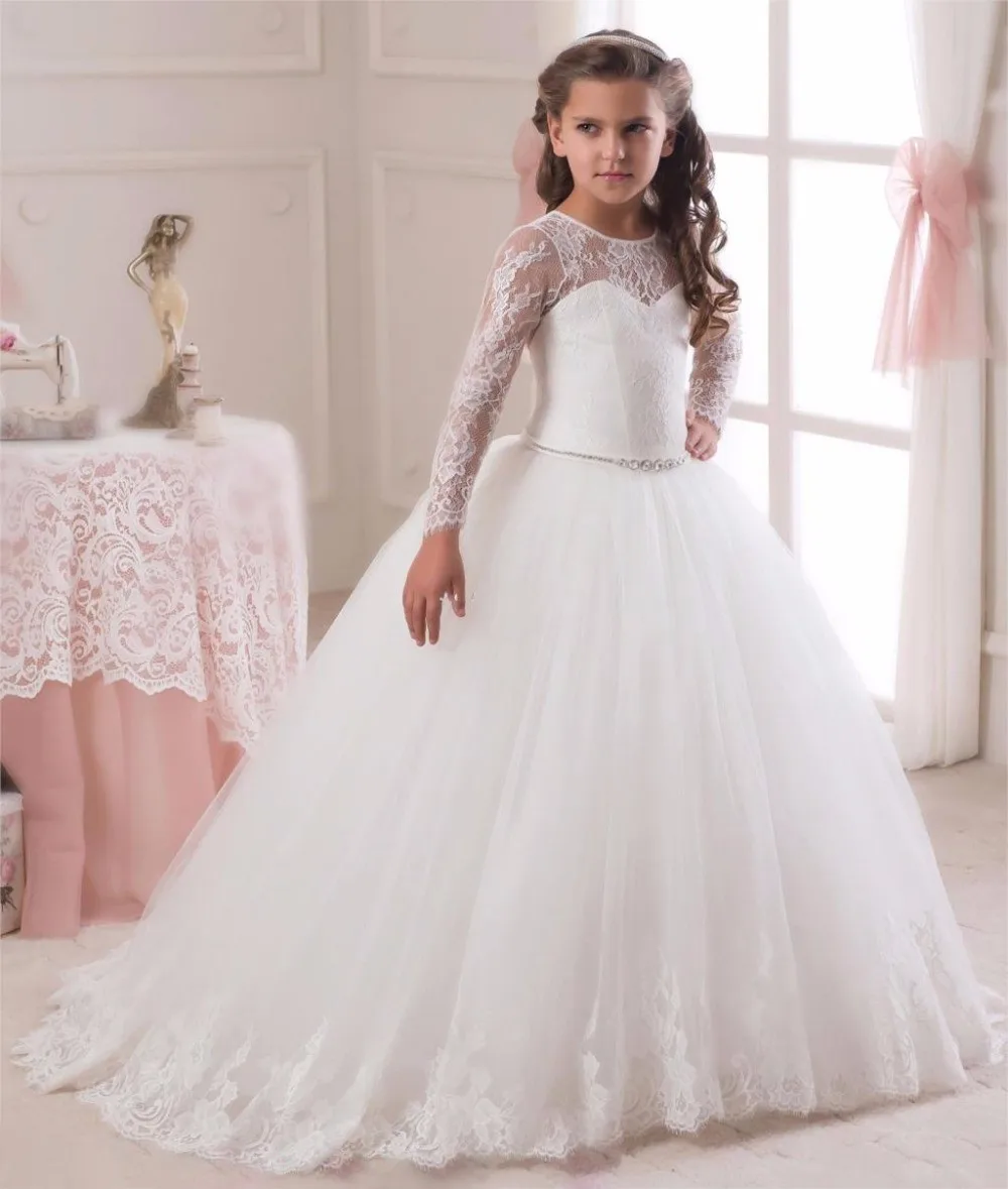 

Long Flower Girl Dress Ankle Length Bow Sash Long Sleeves O-Neck Ball Gown Button Pageant Ball Gowns for Girls