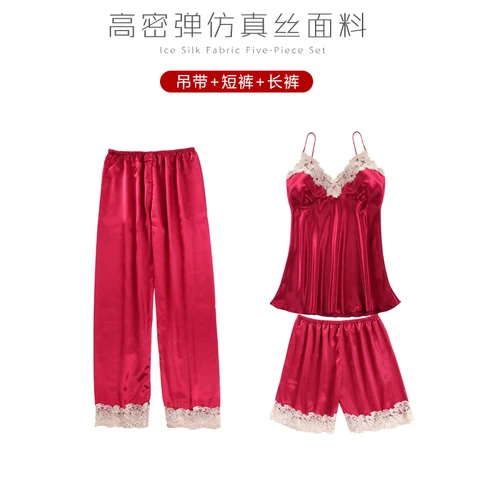 Пижама для леди, 5 шт., сексуальный пижамный комплект, имитация шелка, кружевная майка и шорты, летний халат, одежда для сна, Женская шикарная одежда - Цвет: 939hong3