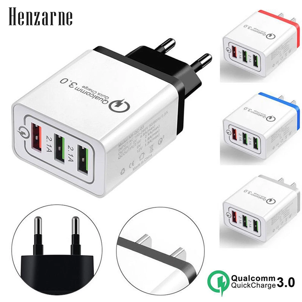 

Henzarne QC 3.0 Fast 3USB Wall Charger Adapter EU/US Plug Universal For iPhone Samsung