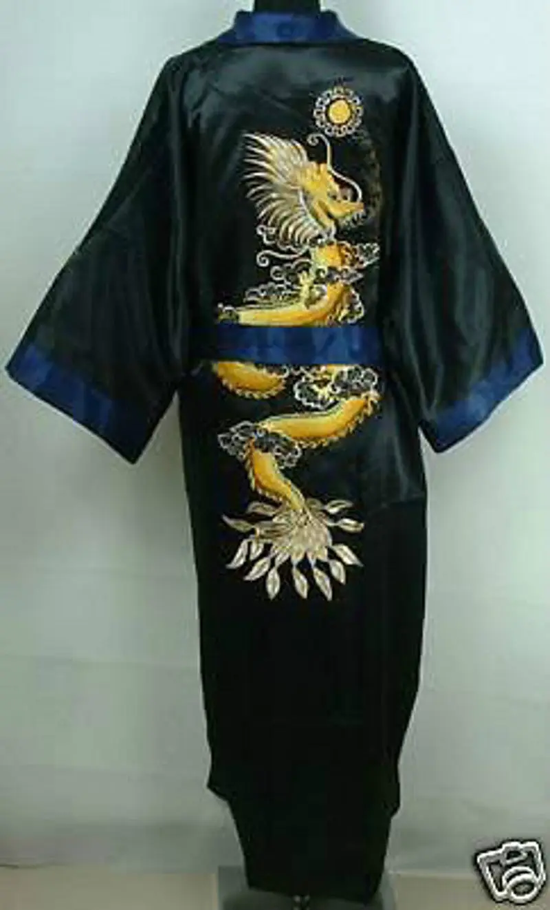 Black Double-Side Embroidery Dragon Male Long Robe Chinese Men Silk Satin Men's Dragon Kimono Robe Gown Reversible Bathrobe pajama joggers Men's Sleep & Lounge