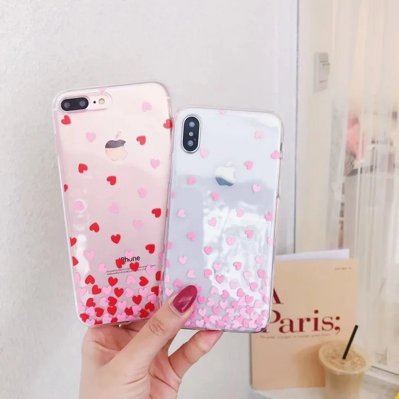 

Lovely Love Hearts Sequins Phone Case For iPhone X 6 6S 7 8 Plus Transparent Clear Soft Silicon Back Cover For iPhone XR XS Max
