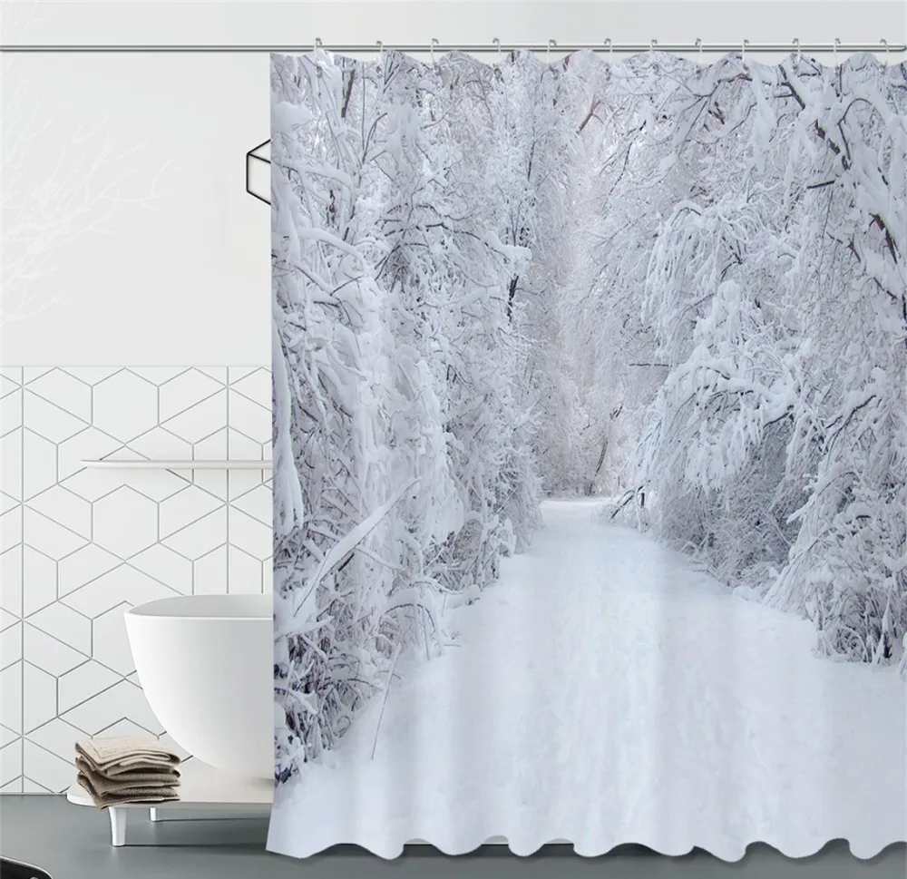 

72'' White World Snow Cover Trees Customized Shower Curtains Liner Bathroom Waterproof Polyester 12 Hooks Bath Accessory Sets