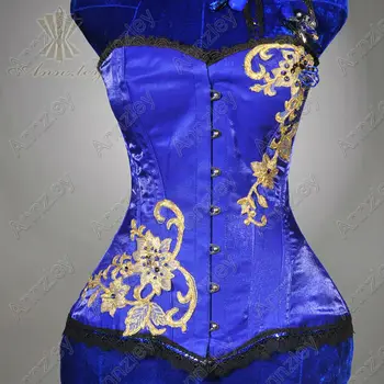 

Black Lace Gold Floral Embroidery Blue Waist Slimming Corset Top