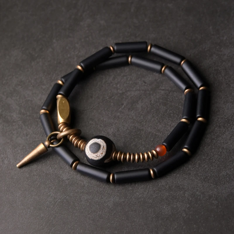 Pulsera de cuentas de ágata negra para hombre y mujer, brazalete de cobre procesado Vintage, joyería curativa Zen, accesorios de protección| Pulseras de hilo| -