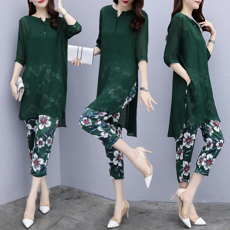 

Large Size Chiffon 2 Piece Set Women Printed Women's Summer Suit Leisure Conjunto Feminino Year-old Female Costume Ukraine