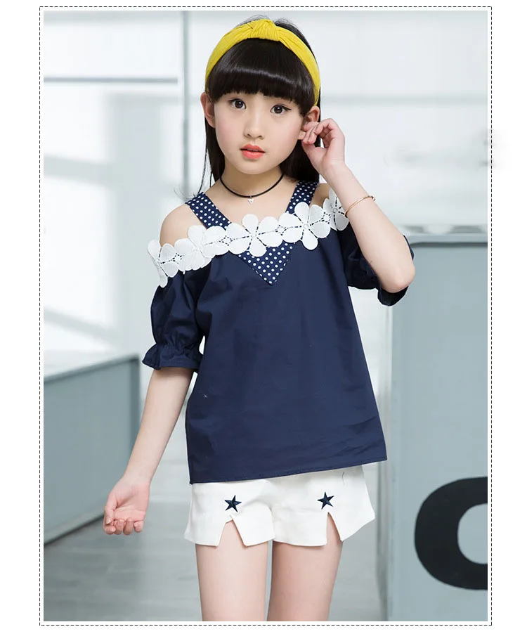 lace crochet flowers girls clothing sets 10 14 8 6 12 11 years summer 2017 clothing girls clothes sets kids blouses shorts sets (2)