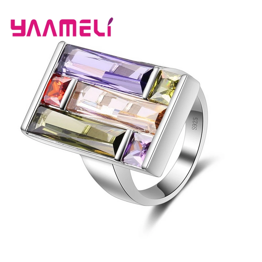 

Big Rectangle Unique Design Color Mixed Cubic Zircon Fashion Luxury 925 Sterling Silver Rings For Women Party Engagement