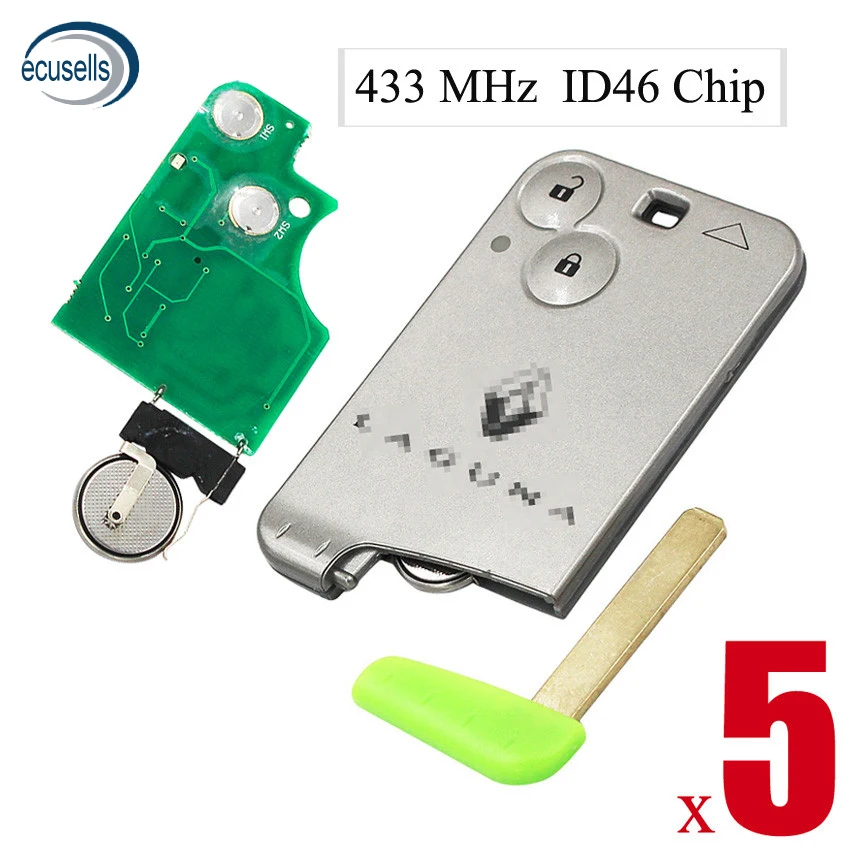 

5PCS/LOT,2 Button Smart Card Remote Key Fob For Laguna 433MHz ID46 Chip PCF7947