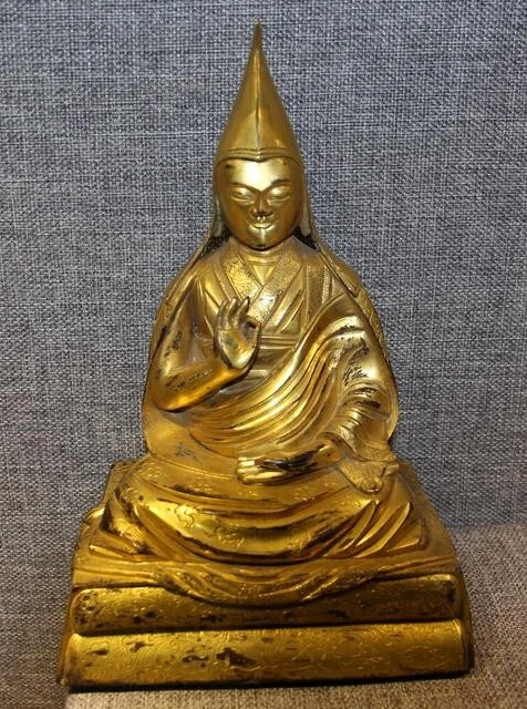 

R0720 Details about 10"Tibet Temple Buddhism Old Bronze Copper 24K Gold Tsongkhapa Buddha Statue