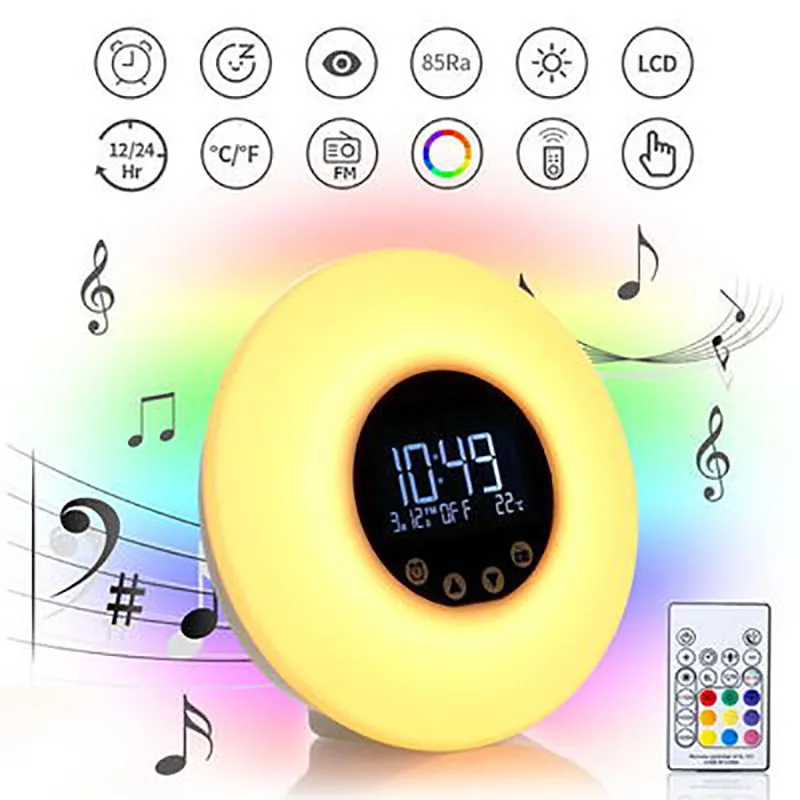 Relógio com Rádio Wake Light Alarm Clock Sunrise – Sunset Simulação Toque Controldigital 7 Cores Sons Luz fm Função up