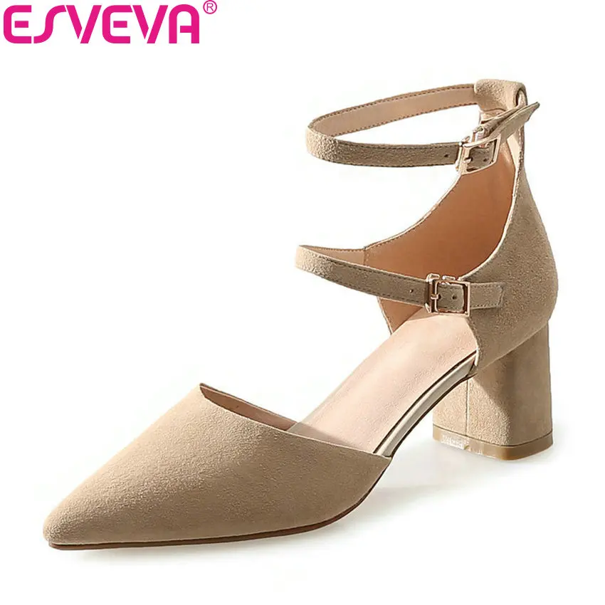 

ESVEVA 2018 Women Pumps Spring Autumn Square High Heels Shoes Elegant Pointed Toe Buckle Strap Pumps Women Shoes Size 34-39