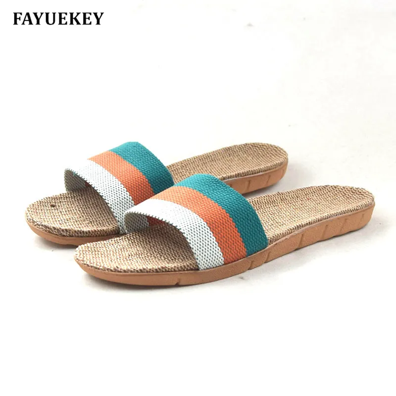 

FAYUEKEY 2018 New Fashion Summer Home Linen Non-slip Breathable Women Slippers Floor Outdoor Beach Girls Flat Slides Shoes