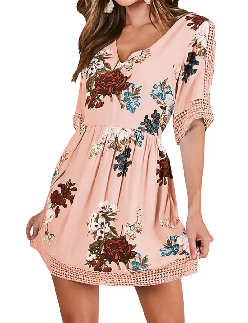 WLLW Для женщин кружевное платье V Neck Structured пряжи розовый Цветочный принт пикантные