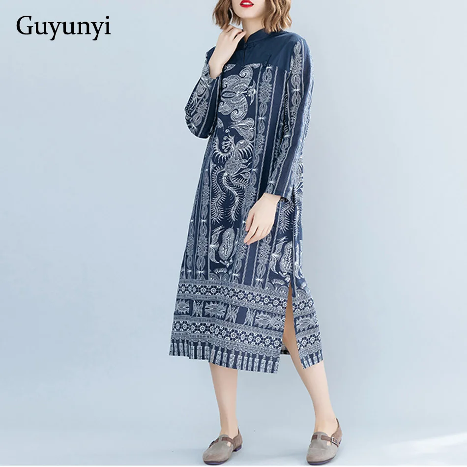 

Ethnic Style Print Vintage Dress 2019 Autumn Long Sleeve Stand Neck Buckle Decoration Plus Size Cotton Linen Dress Women