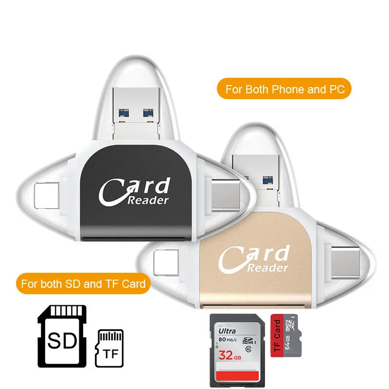 4In1 металлический Тип C/Micro-USB/USB TF SD кард-ридер для Ipad Iphone X 7 8 плюс 5 6 6 S, устройство чтения карт памяти кард-ридер для samsung S8 + S6