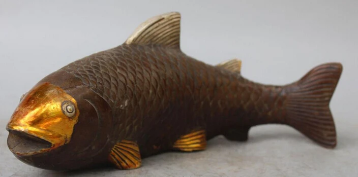 

003284 7" Chinese FengShui Bronze Gilt Silver Fish barracuda Animal Statue sculpture