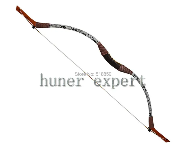 Cheap wholesale 5pcs wooden snakeskin bow 40lbs recurve long horsebow with bow string archery hunting bow